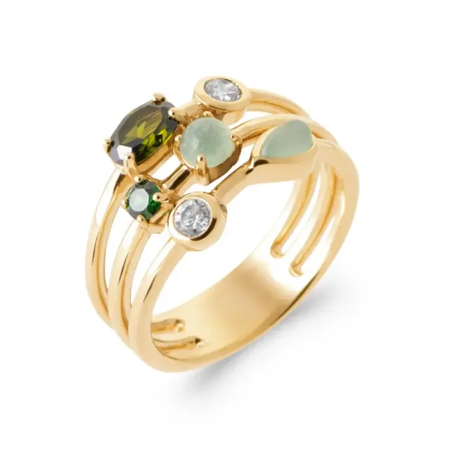 Oriana France bague trio anneaux plaqué or émeraude verte