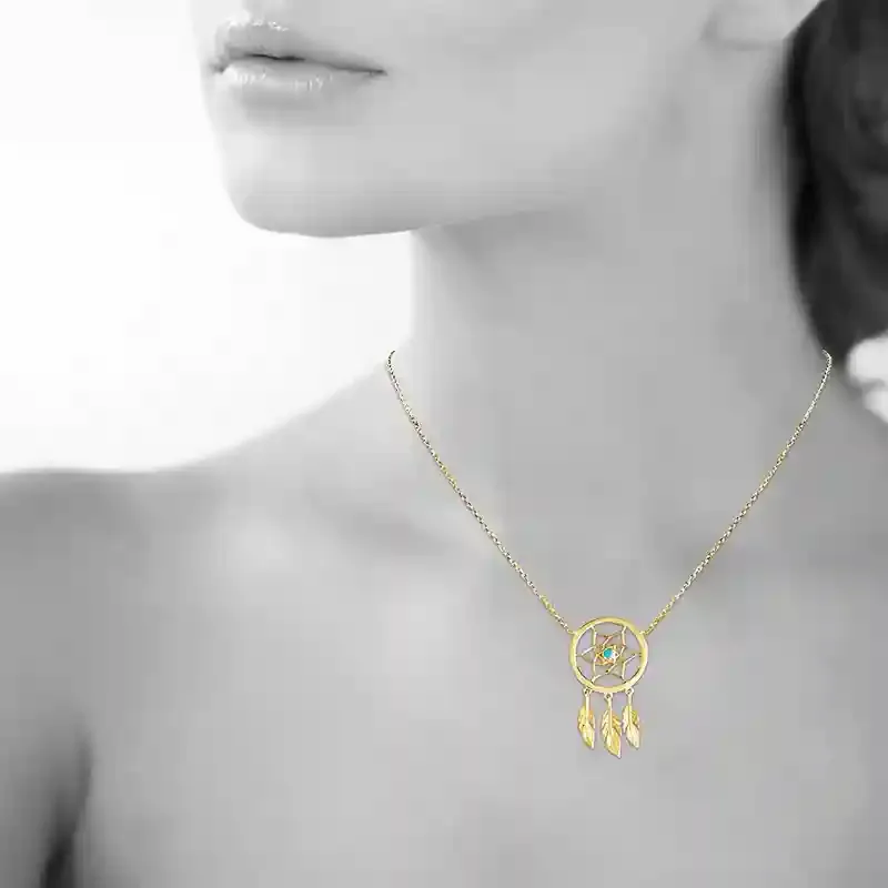 Oriana France attrape rêves collier plaqué or plume turquoise