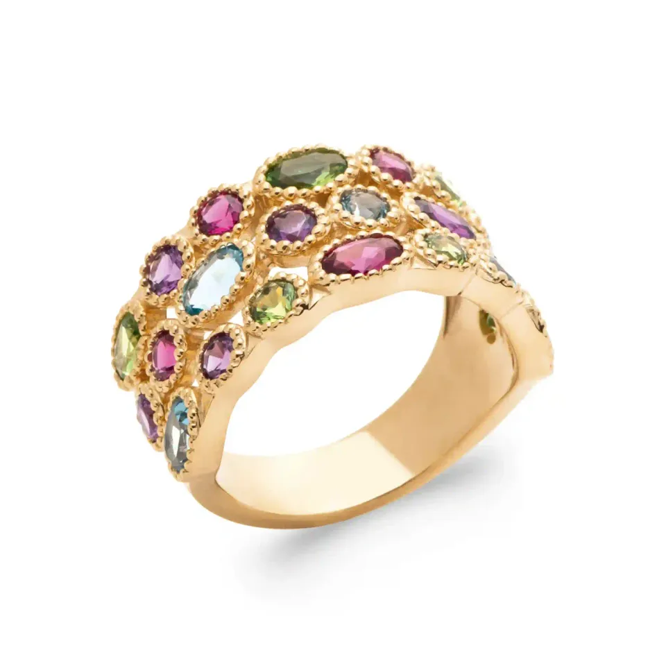Oriana France large pavée bague pierres multicolores