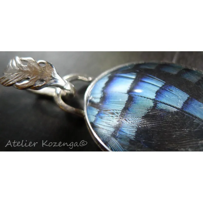 L'Atelier Kozenga Geai pendentif argent plumes bleues