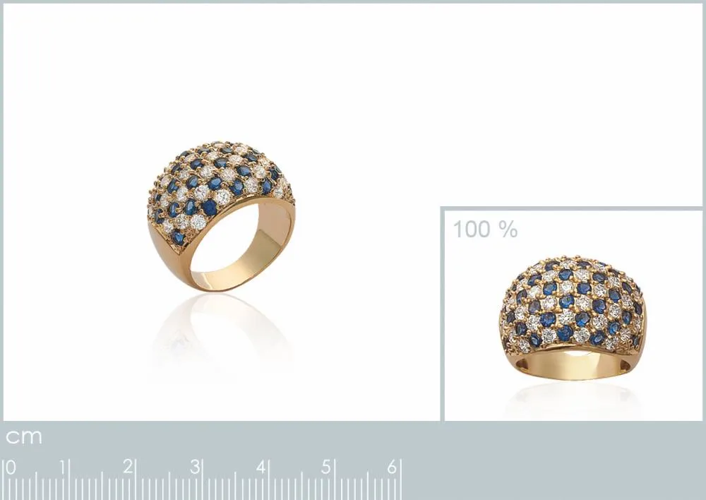 Oriana France pavée damier bague plaqué or pierres bleues