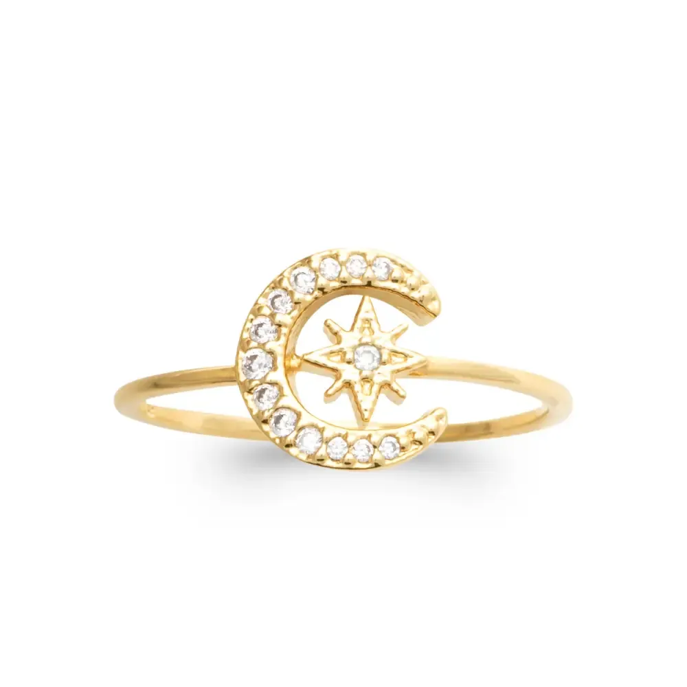 Oriana France Lune Étoile bague plaqué or strass
