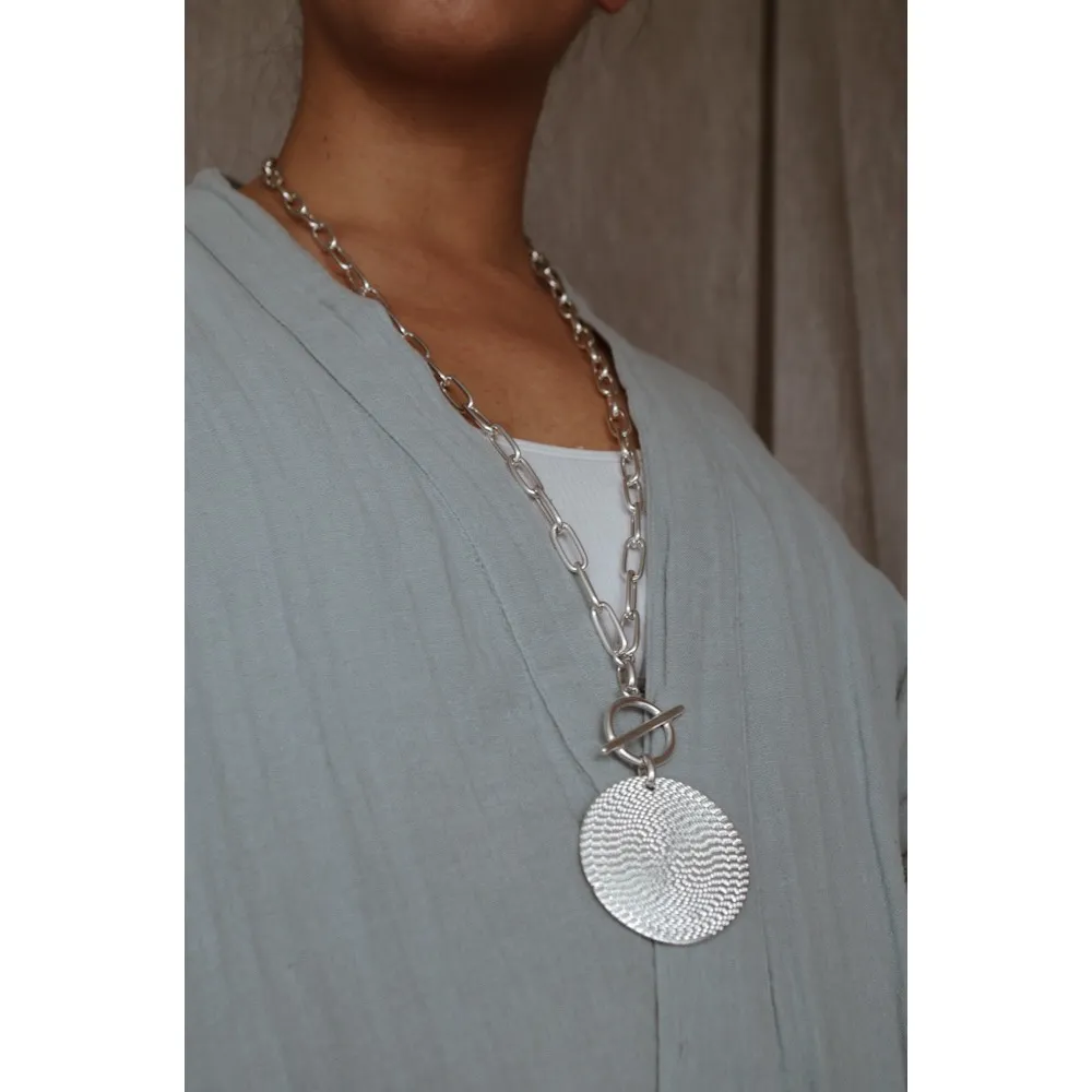 Secret de Cuir N°761 sautoir pastille striée XL argent