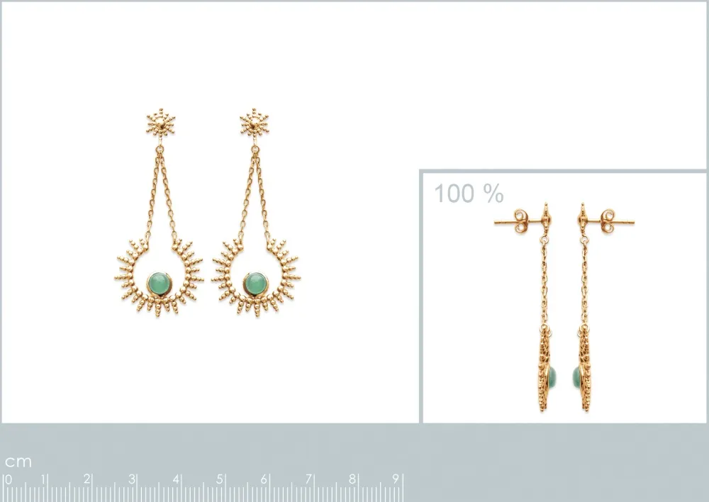 Oriana France soleil boucles d'oreilles plaqué or aventurine verte