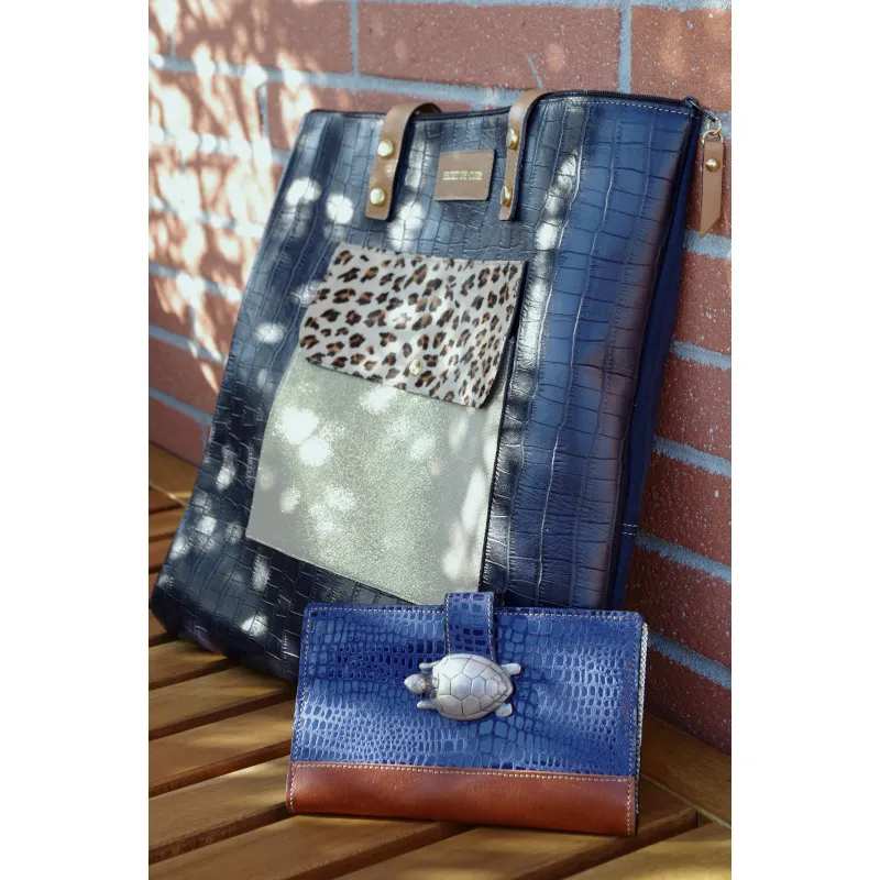 Secret de Cuir portefeuille PM cuir tortue bleu 17 cm
