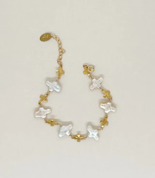 Elise Tsikis Nysa bracelet perle croix doré 16,5 cm