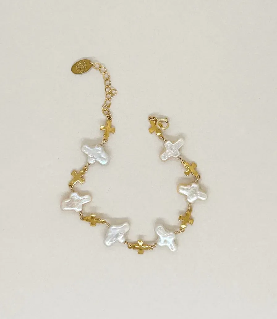 Elise Tsikis Nysa bracelet perle croix doré 16,5 cm