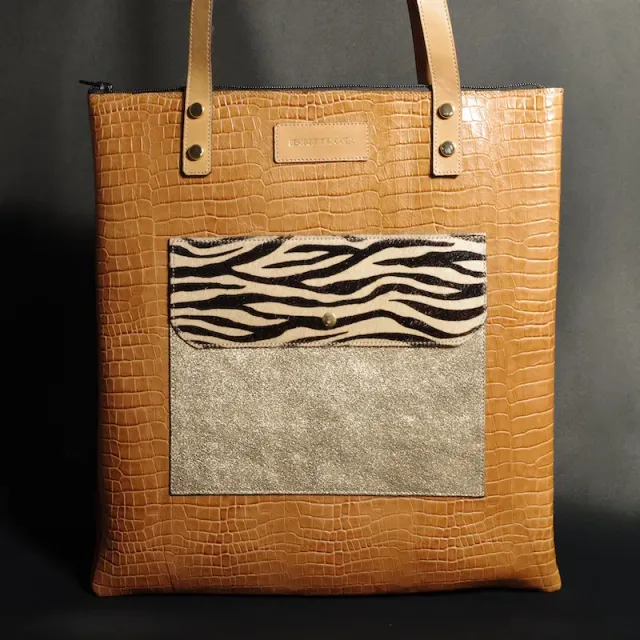 Secret de Cuir tote bag GM cuir camel imprimé zèbre