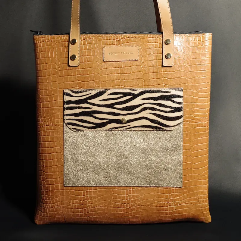 Secret de Cuir tote bag GM cuir camel imprimé zèbre