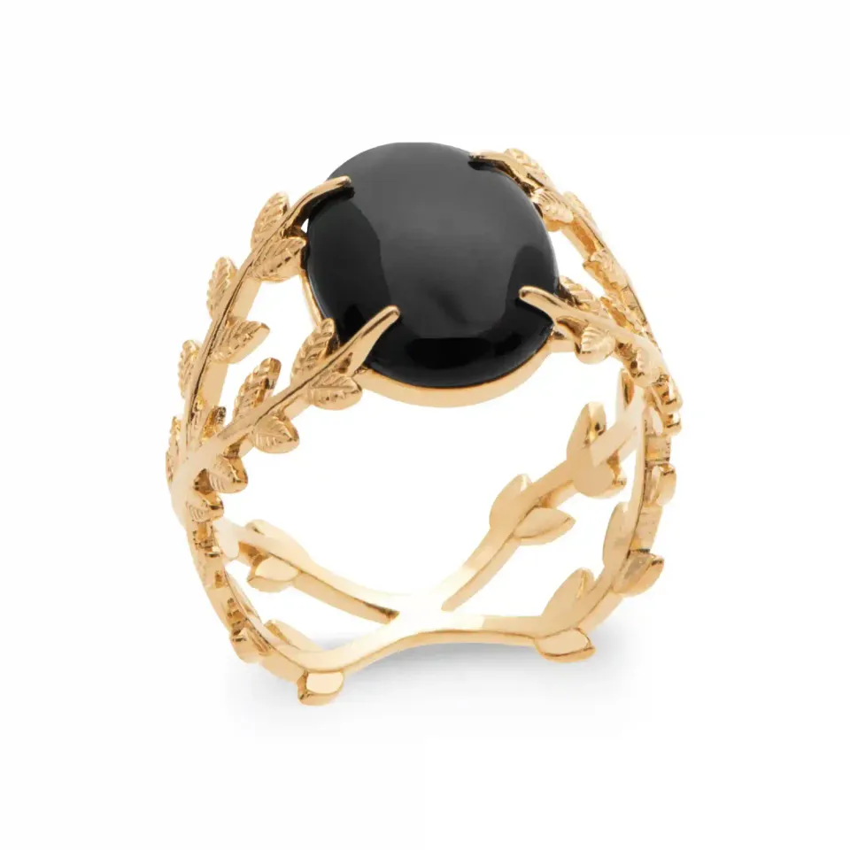 Oriana France laurier agate noire bague plaqué or 5 microns