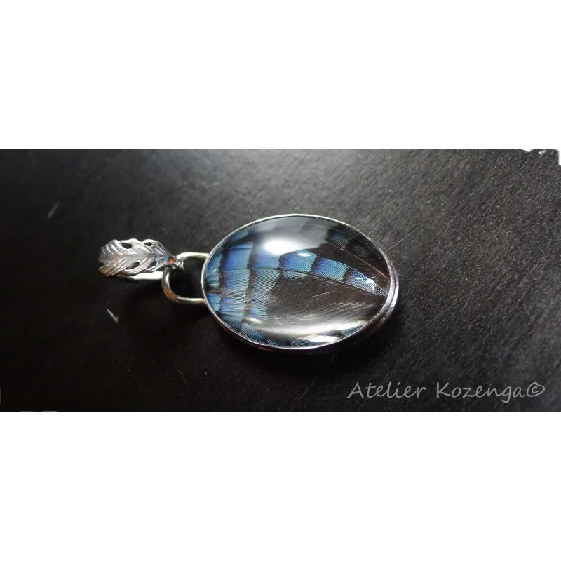 L'Atelier Kozenga Geai pendentif argent plumes bleues