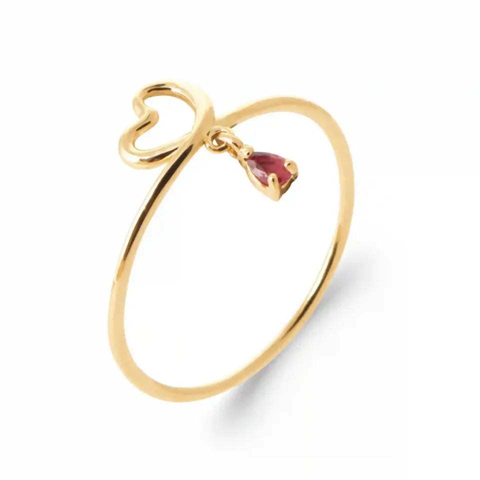 Oriana France bague cœur rubis goutte plaqué or rouge