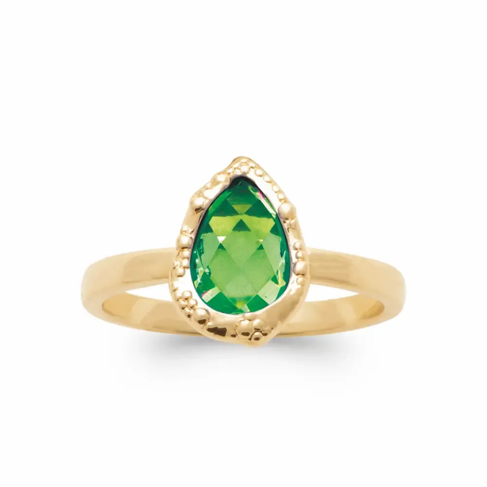 Oriana France émeraude poire bague plaqué or verte
