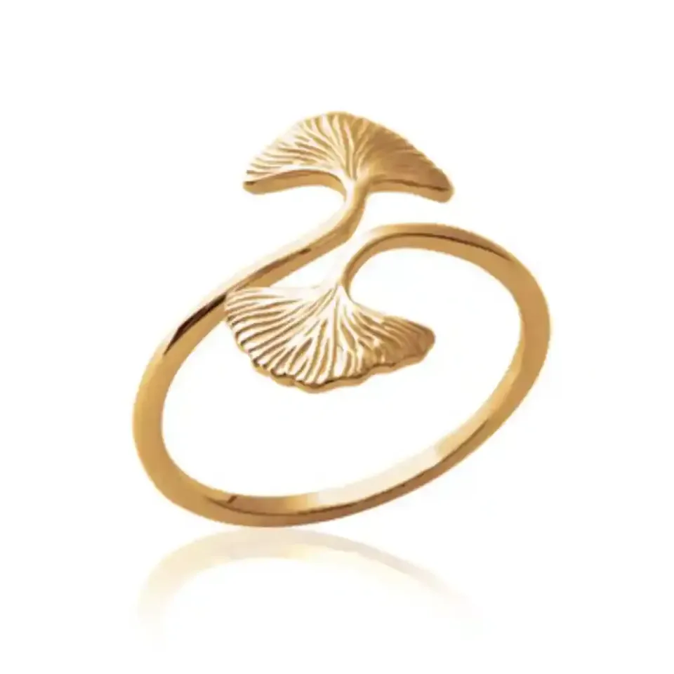 Oriana France bague ginkgo plaqué or ouverte ajustable