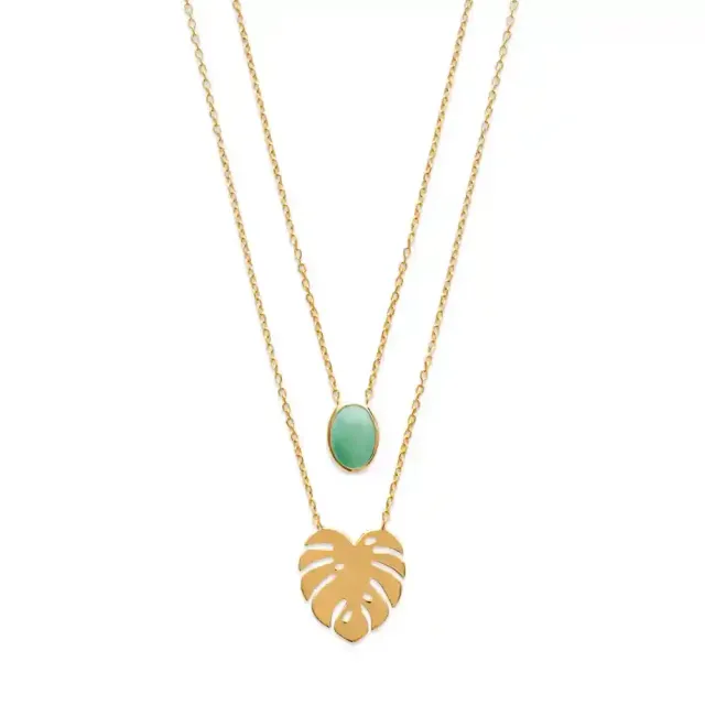 Oriana France collier double rang aventurine feuille plaqué or
