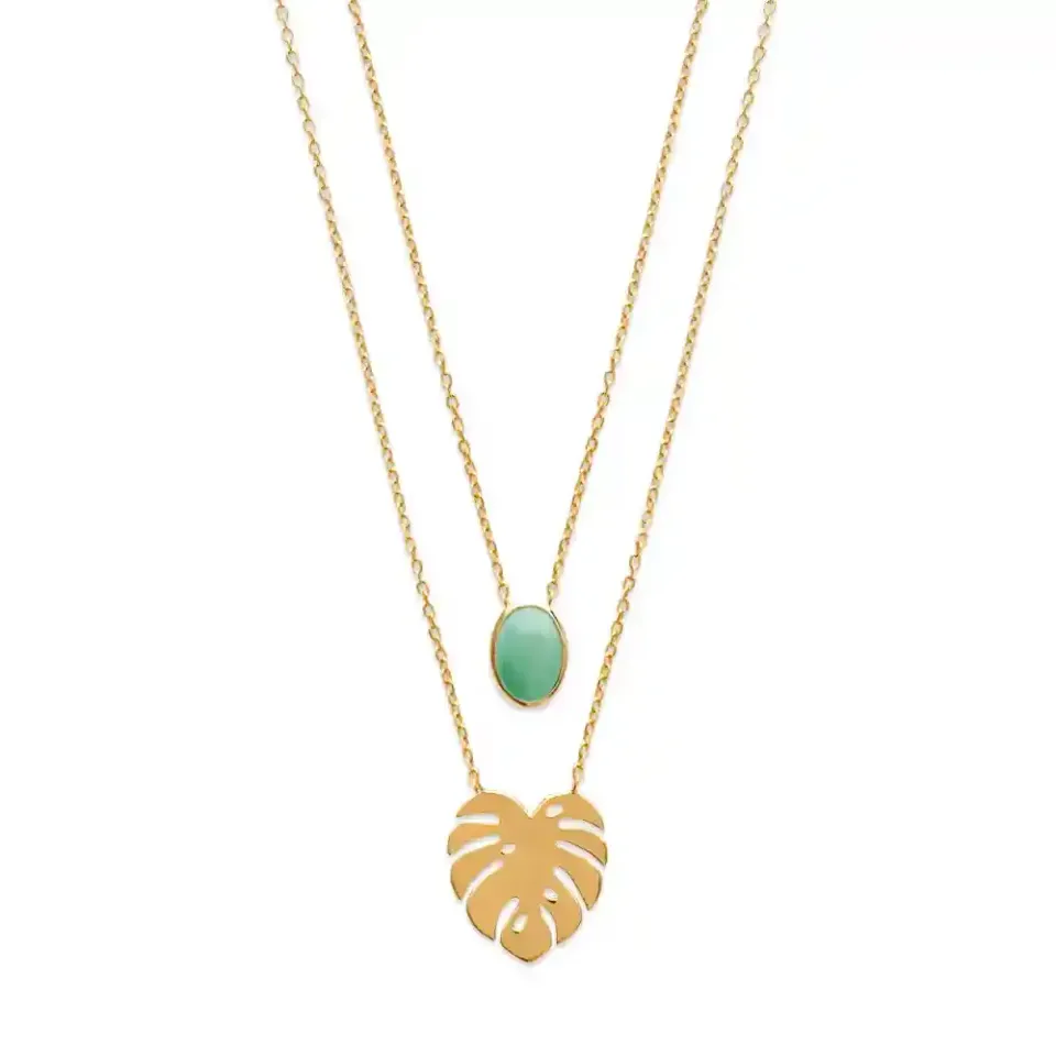 Oriana France collier double rang aventurine feuille plaqué or