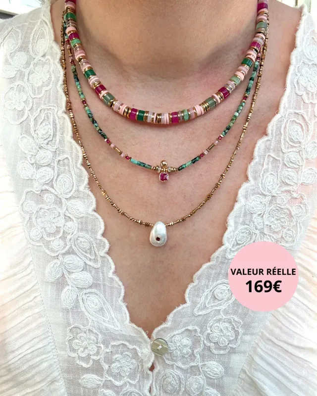 Cloralys Elwood rose Cléa Katalina colliers lot 3 pierres fines