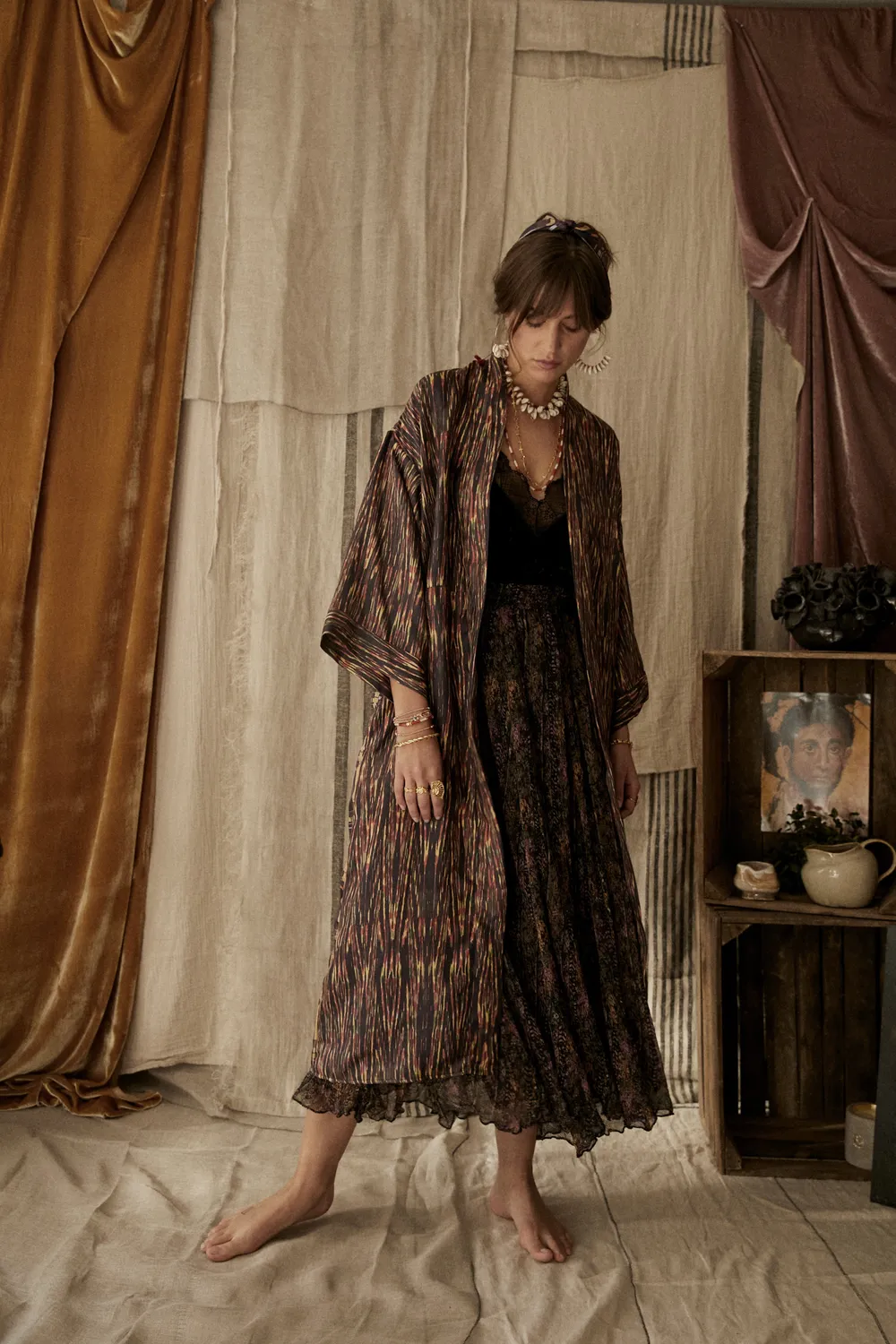 Elise Tsikis kimono soie ceinturé Carmen taille unique