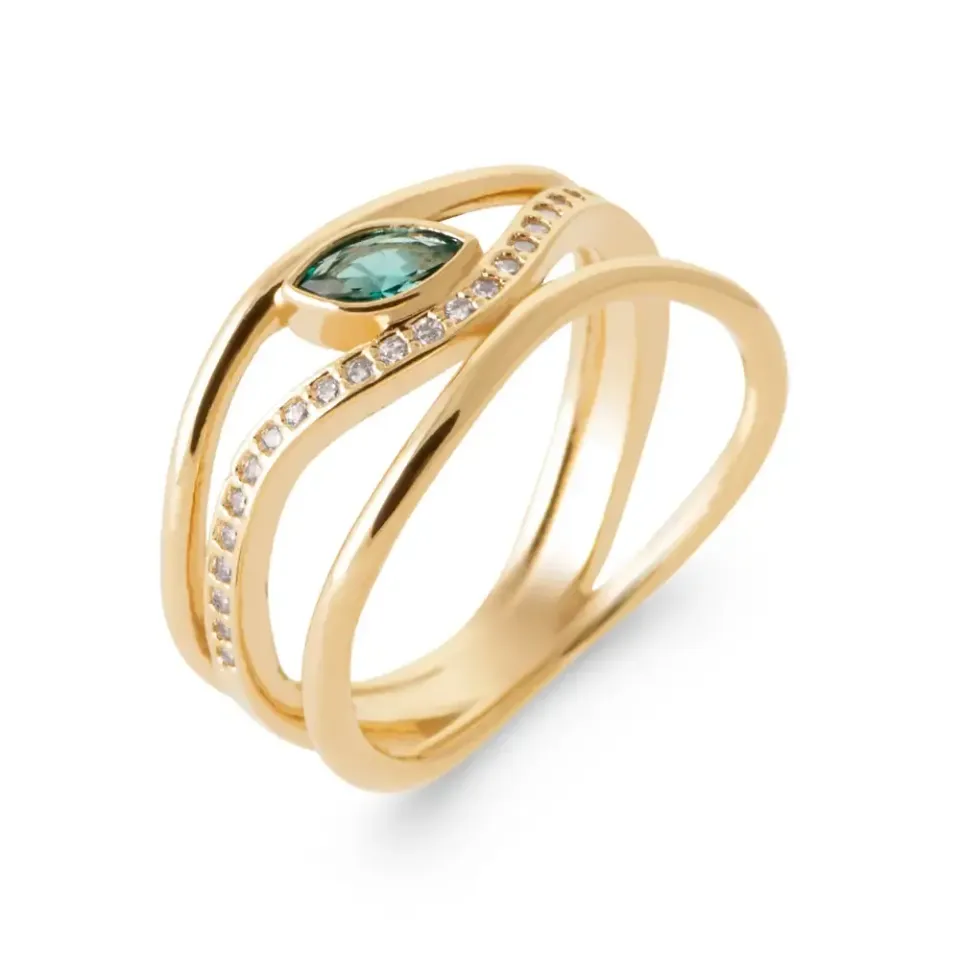 Oriana France bague 3 anneaux plaqué or émeraude verte