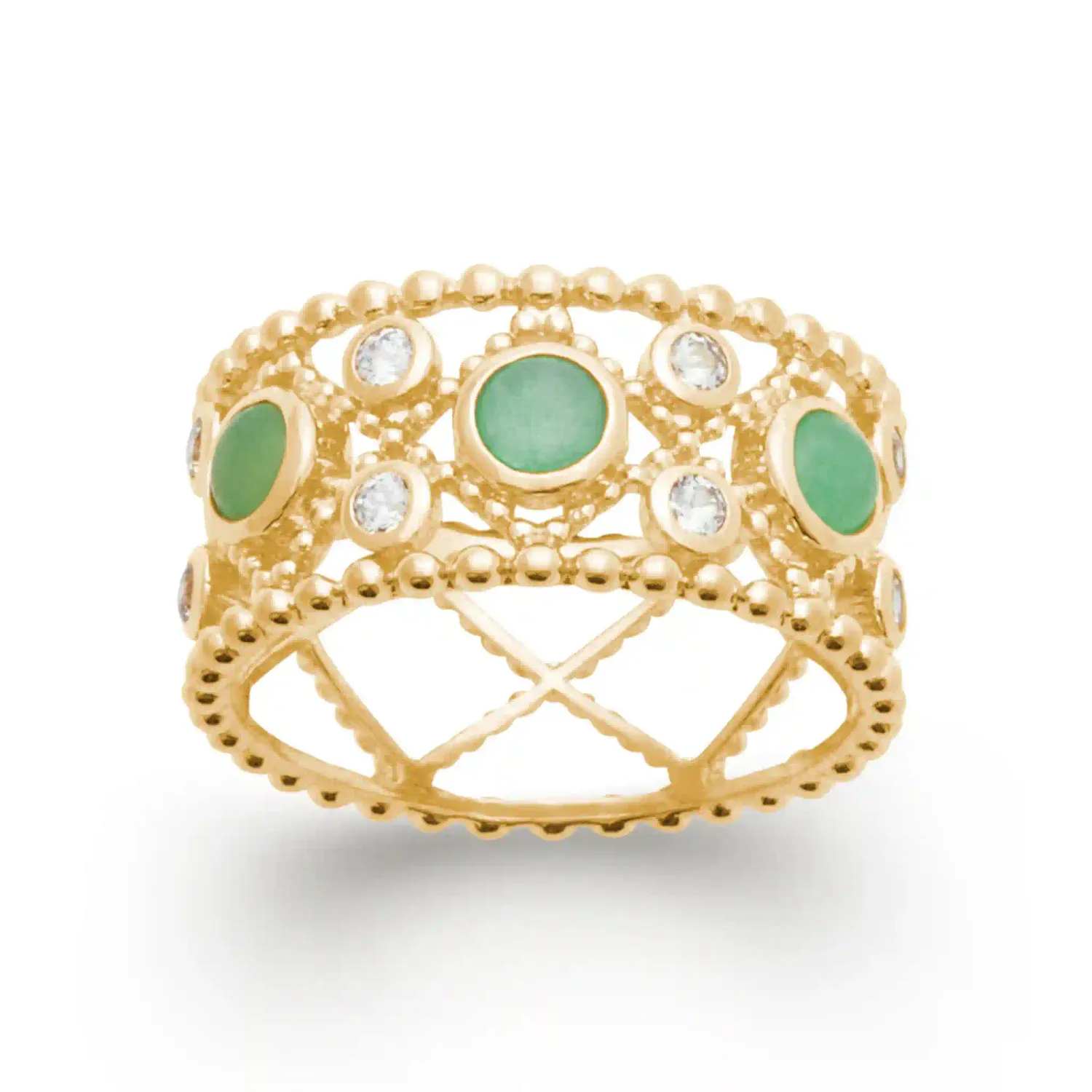 Oriana France bague couronne plaqué or aventurines vertes