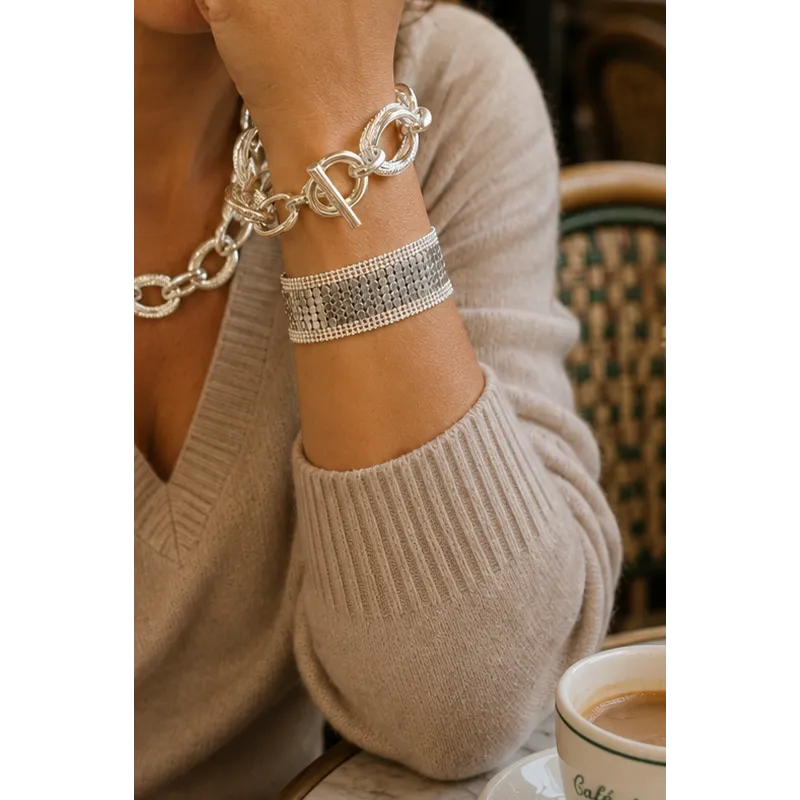 Secret de Cuir N°1727 bracelet résille plaqué argent large