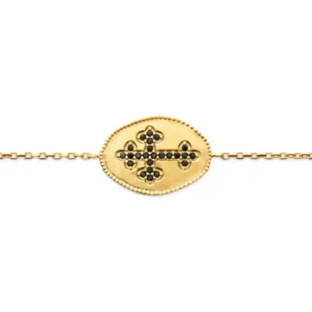 Oriana France croix noire bracelet plaqué or pierres