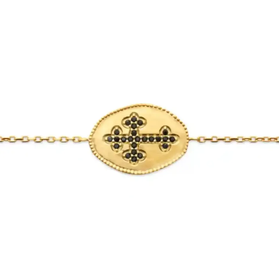 Oriana France croix noire bracelet plaqué or pierres