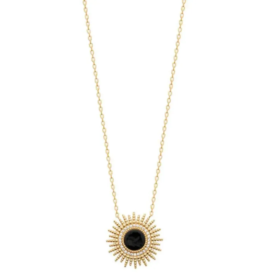 Oriana France collier soleil agate noire plaqué or zircons