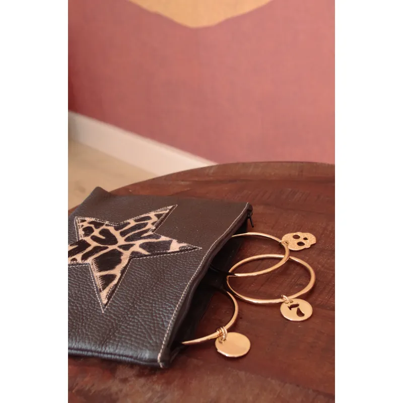 Secret de Cuir pochette cuir noir étoile girafe 23,5 cm