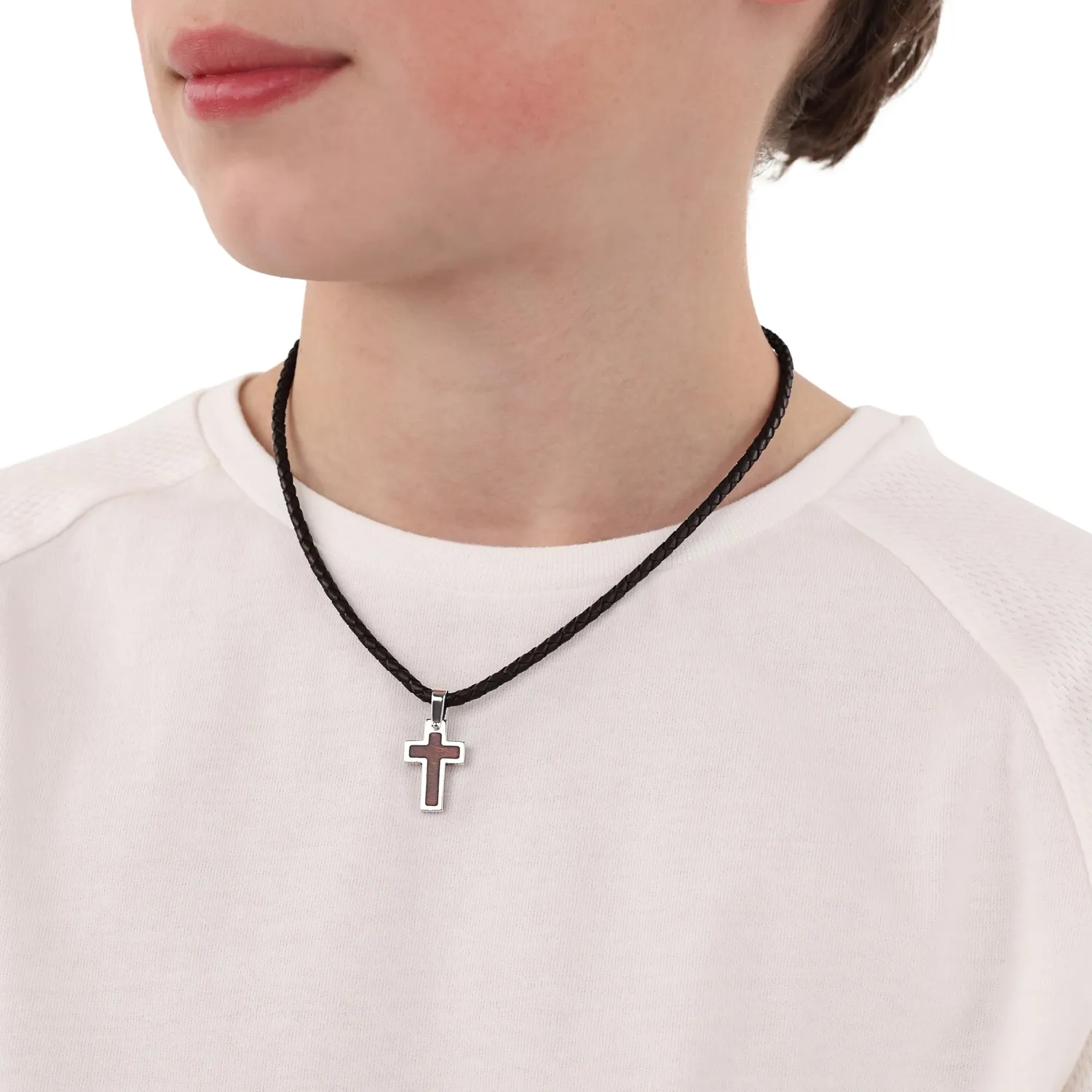 s.Oliver collier garçon croix acier cuir noir