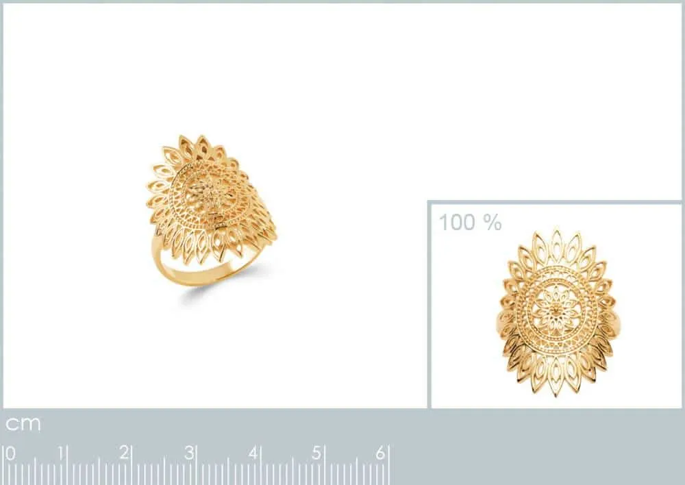 Oriana France bague soleil aztèque plaqué or longue