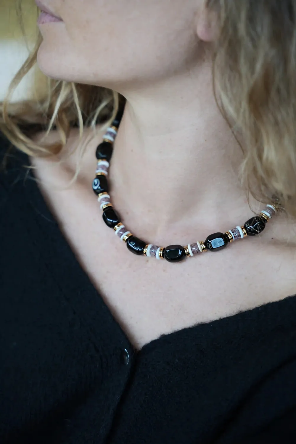 Cloralys Hortense collier jade quartz rose doré