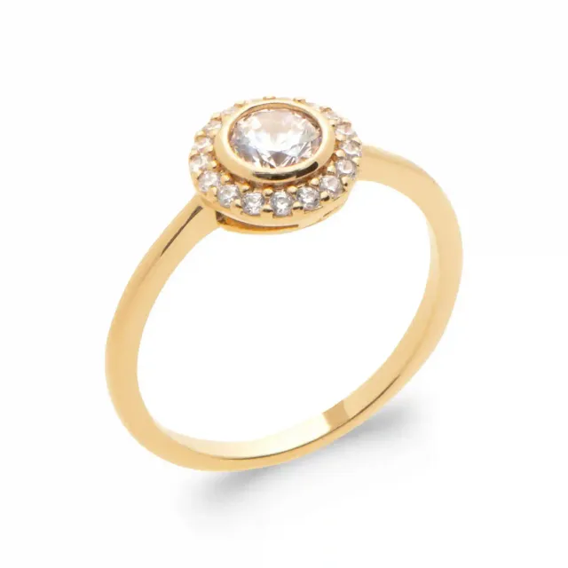 Oriana France halo bague plaqué or zircons pierre centrale
