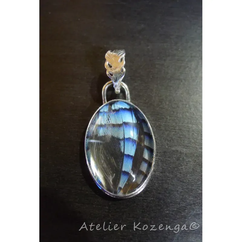 L'Atelier Kozenga Geai pendentif argent plumes bleues