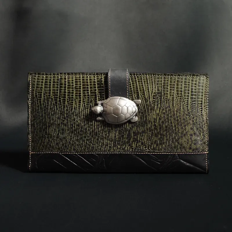 Secret de Cuir portefeuille GM tortue kaki cuir vache