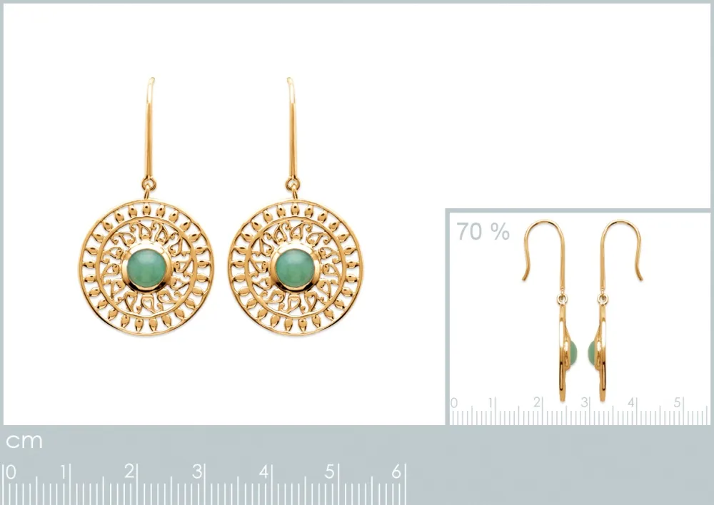Oriana France arabesques aventurine boucles pendantes plaqué or vert