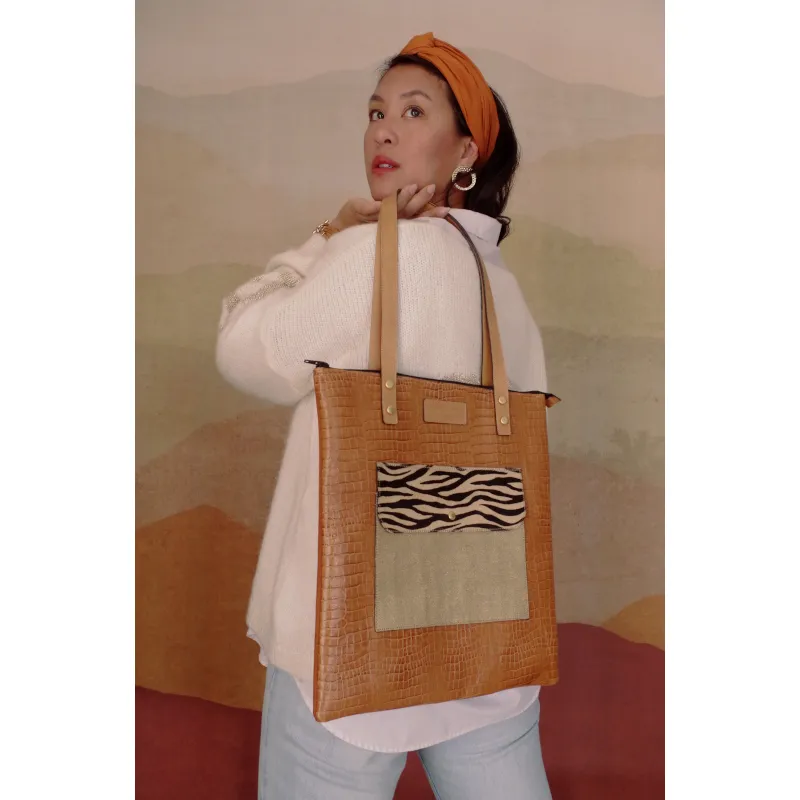 Secret de Cuir tote bag GM cuir camel imprimé zèbre