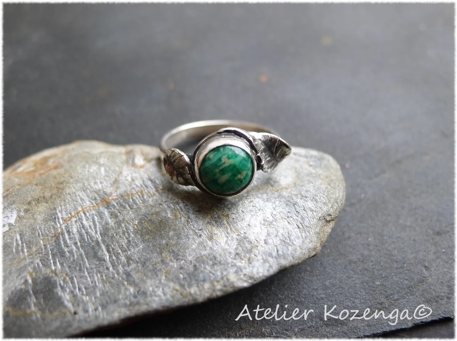 L'Atelier Kozenga bague Amazonite taille 56 argent feuilles
