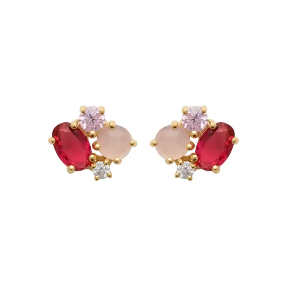 Oriana France Clous d'oreilles plaqué or rubis quartz rose