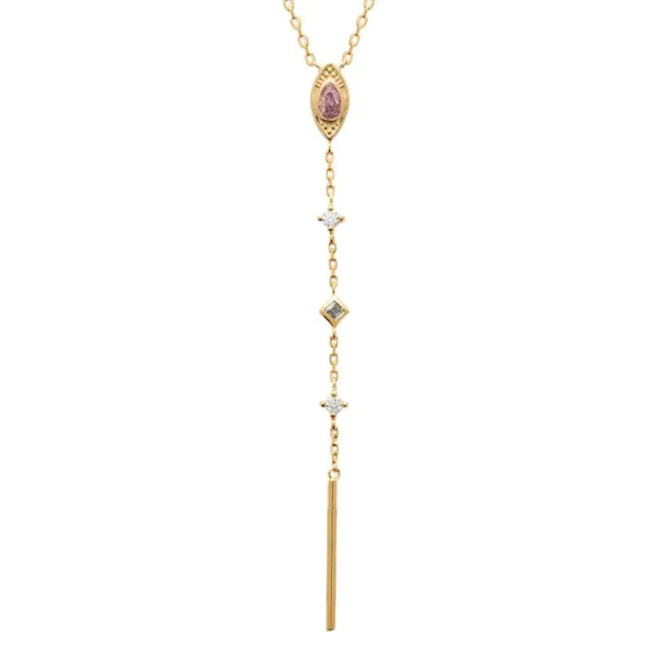 Oriana France Collier Cravate Oeil Quartz Rose Plaqué Or