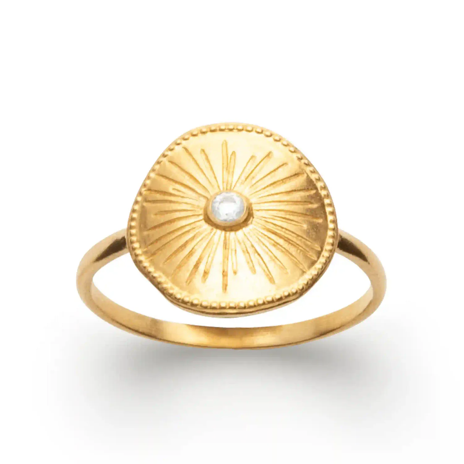 Oriana France bague pastille soleil et zircon plaqué or