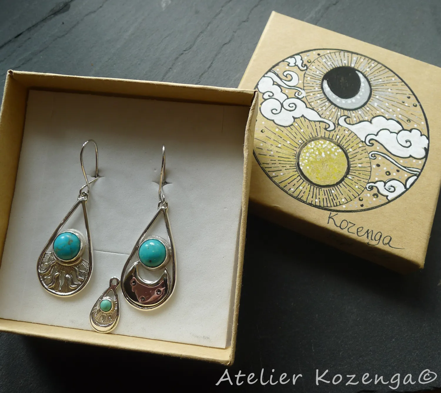 L'Atelier Kozenga Soleil Lune boucles turquoise argent