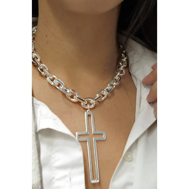 Secret de Cuir N°1357 collier croix XL plaqué argent