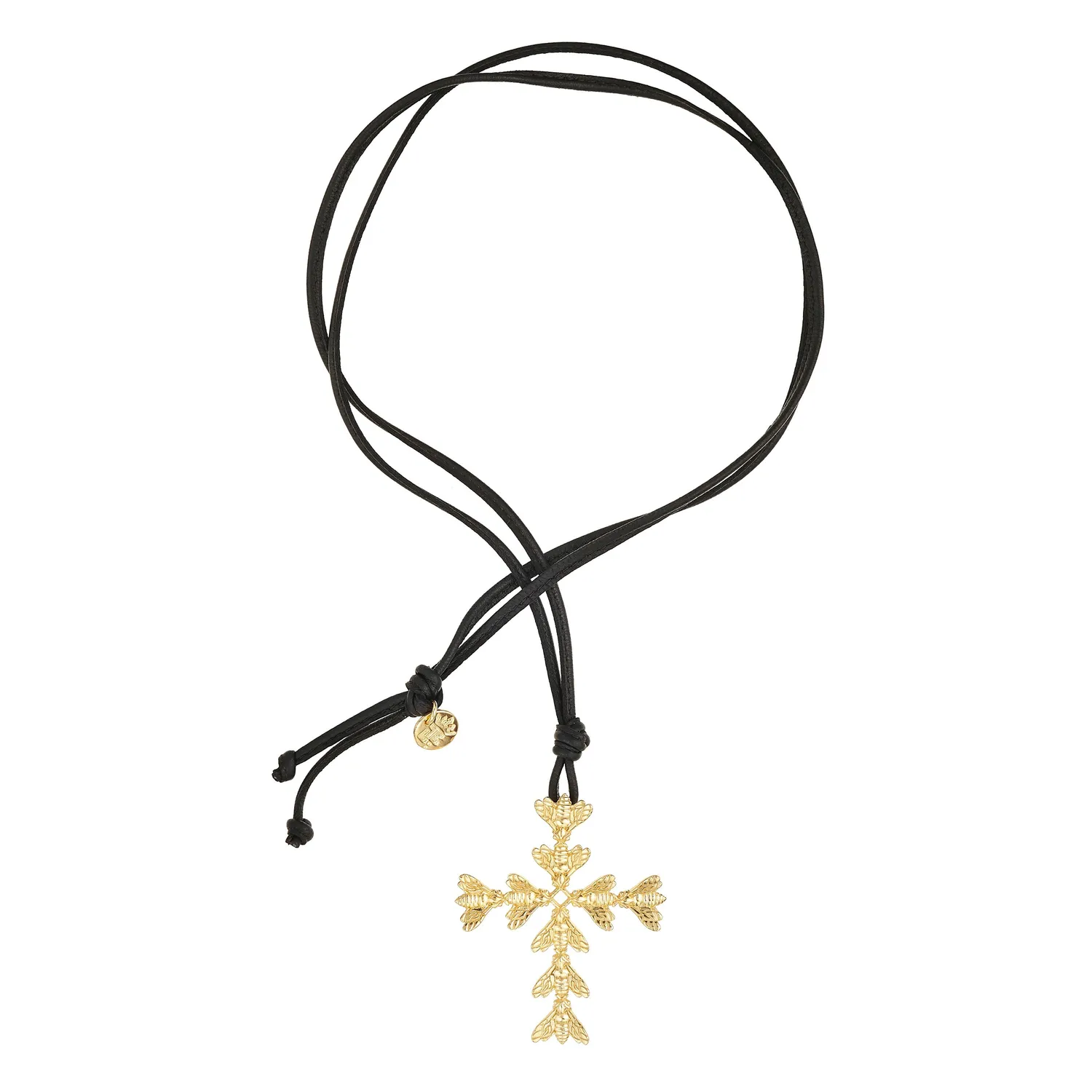 Lorella Tamberi Canal Bee Queen croix abeilles collier cuir noir 80 cm