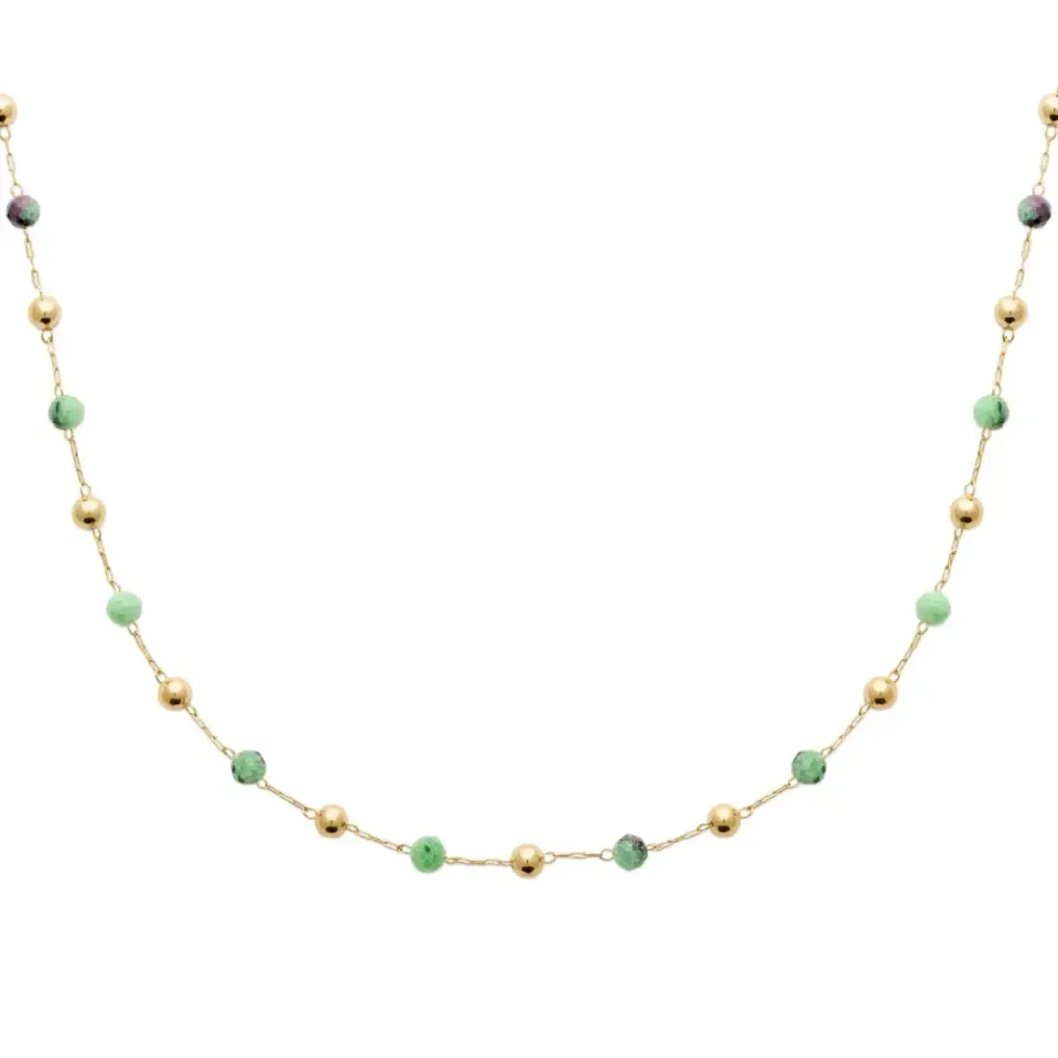 Oriana France collier perles rubis zoïsite plaqué or bohème
