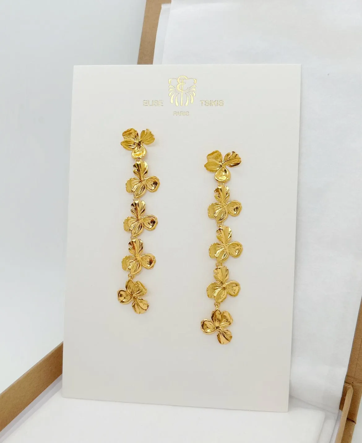 Elise Tsikis Kymaia boucles pendantes fleurs 8cm