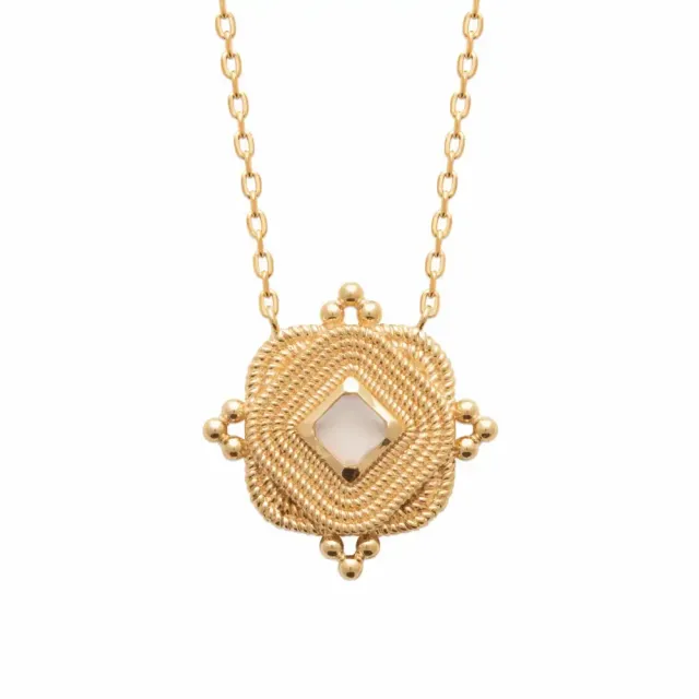 Oriana France pierre de lune sur carré perlé collier plaqué or