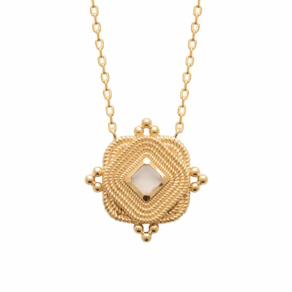Oriana France pierre de lune sur carré perlé collier plaqué or