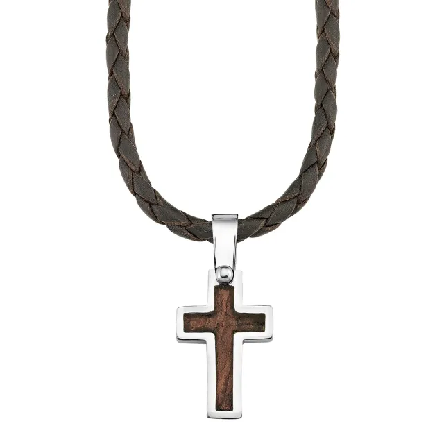 s.Oliver collier garçon croix acier cuir noir
