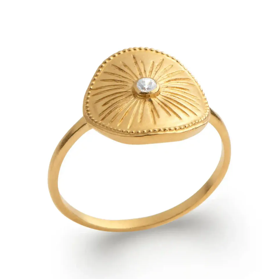 Oriana France bague pastille soleil et zircon plaqué or
